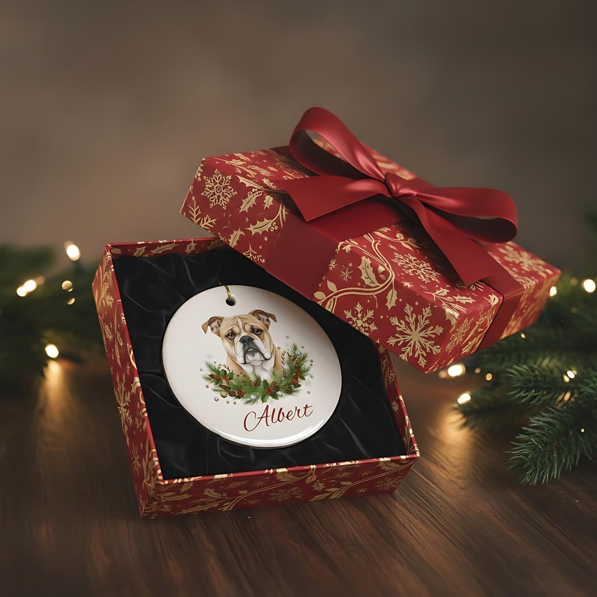 Personalized Bulldog Christmas Ornament | Custom English Bulldog Dog Name Ceramic Keepsake | Bulldog Gift for Dog Lovers