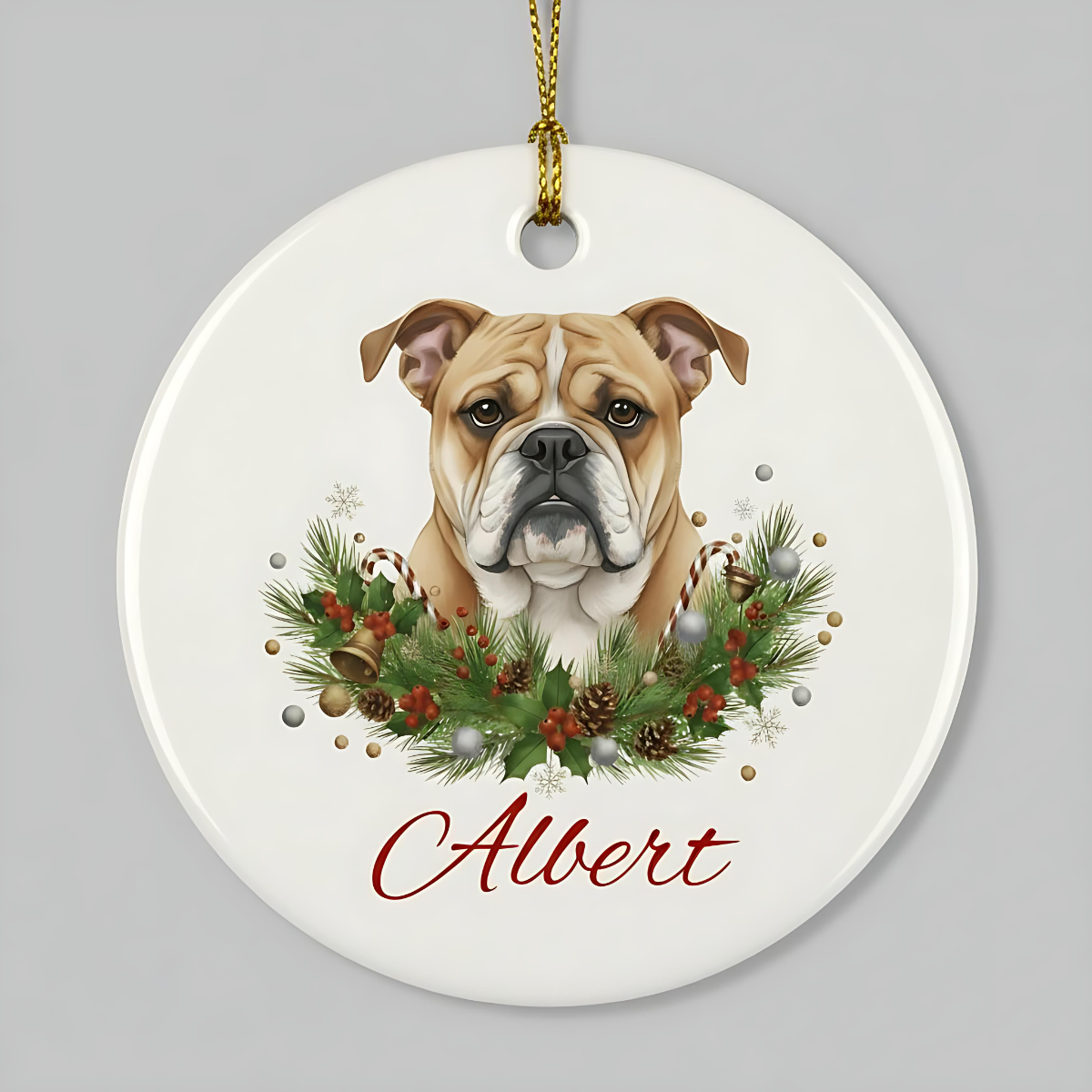 Personalized Bulldog Christmas Ornament | Custom English Bulldog Dog Name Ceramic Keepsake | Bulldog Gift for Dog Lovers