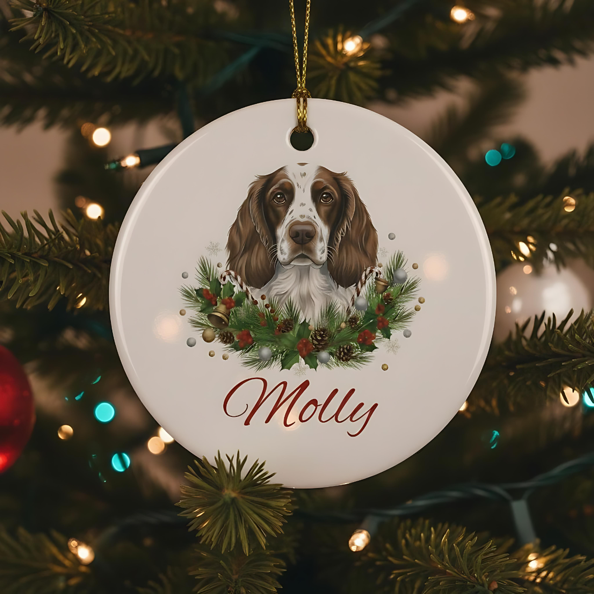 Personalized Springer Spaniel Christmas Ornament | Custom English Springer Spaniel Dog Name Ceramic Keepsake | Spaniel Gift