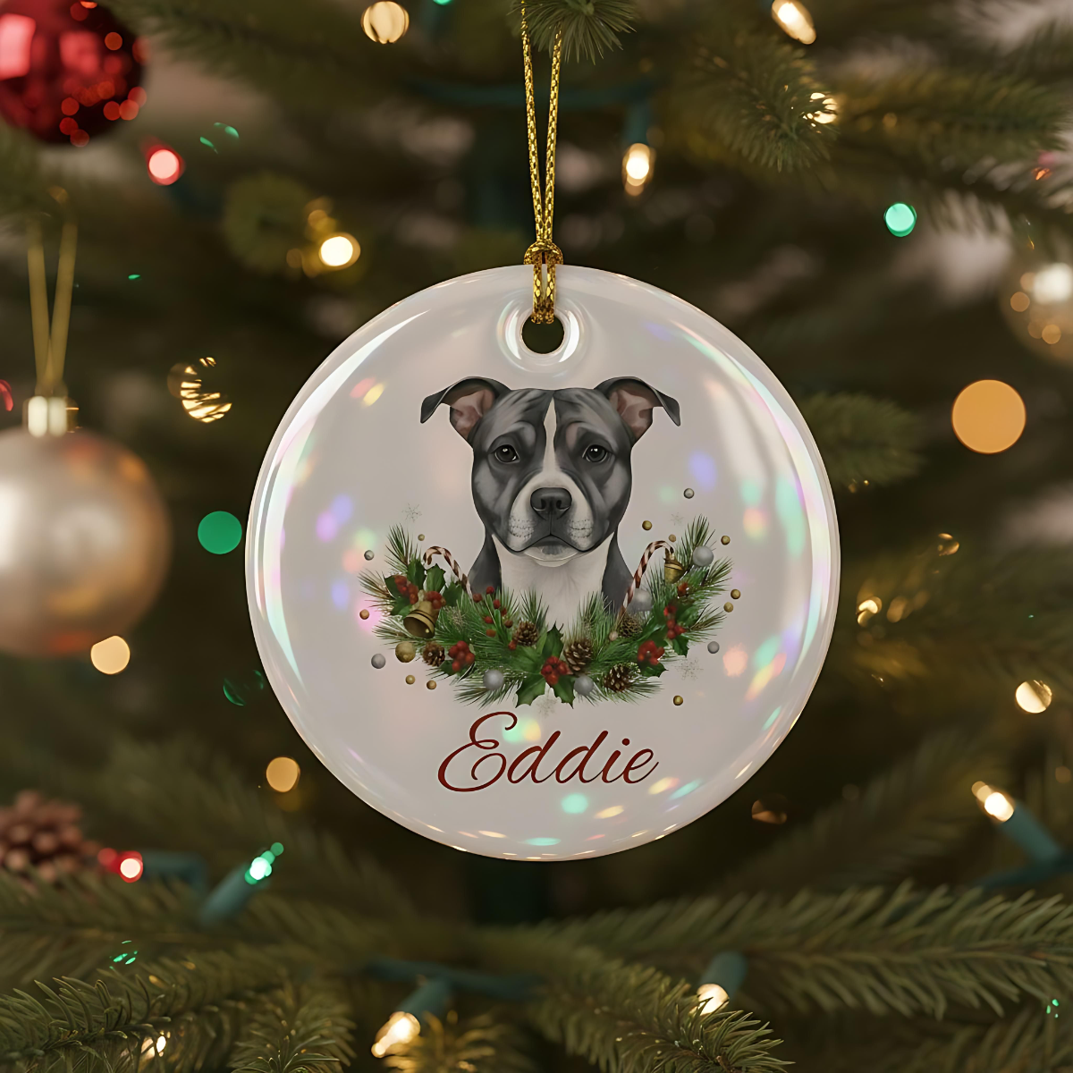 Personalized Staffie Christmas Ornament | Custom Staffordshire Bull Terrier Dog Name Ceramic Keepsake | Staffy Gift