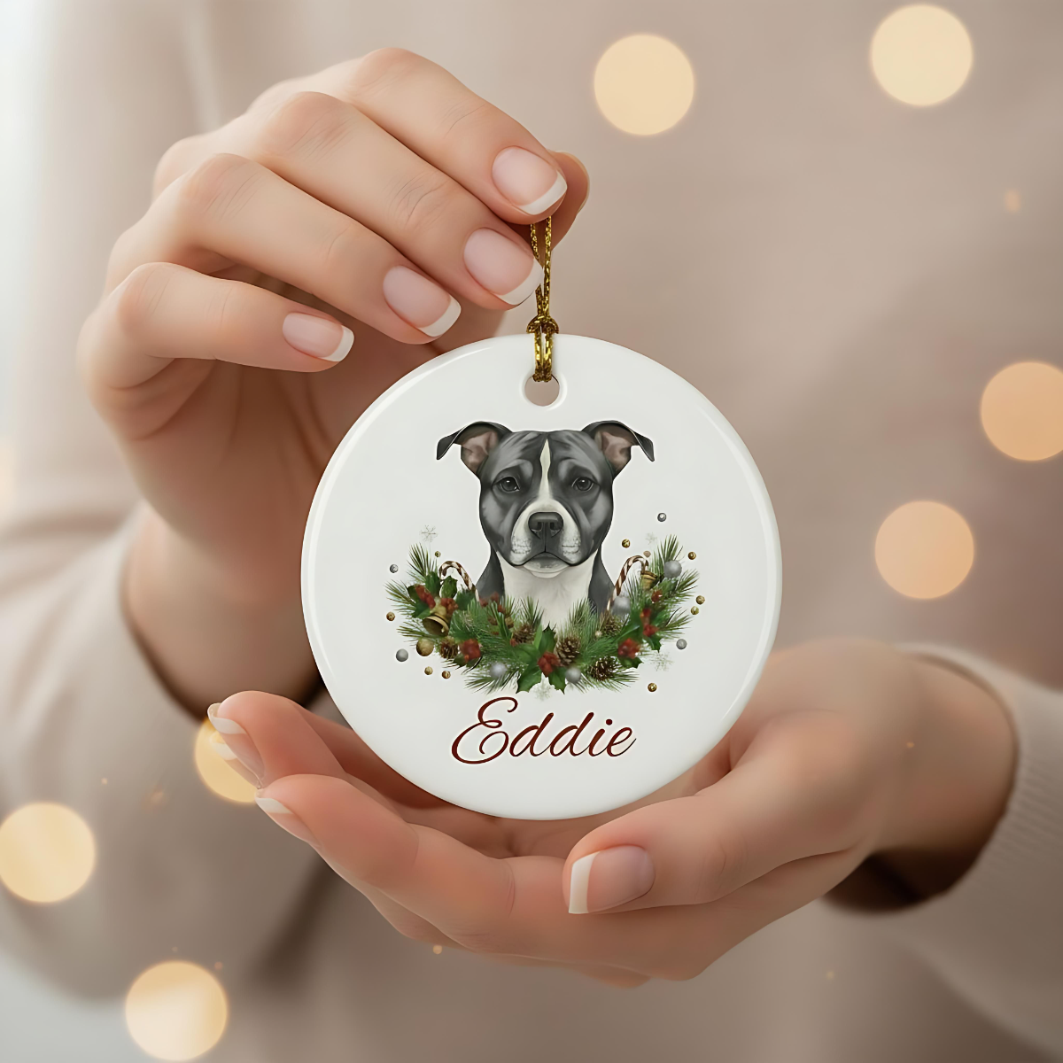 Personalized Staffie Christmas Ornament | Custom Staffordshire Bull Terrier Dog Name Ceramic Keepsake | Staffy Gift