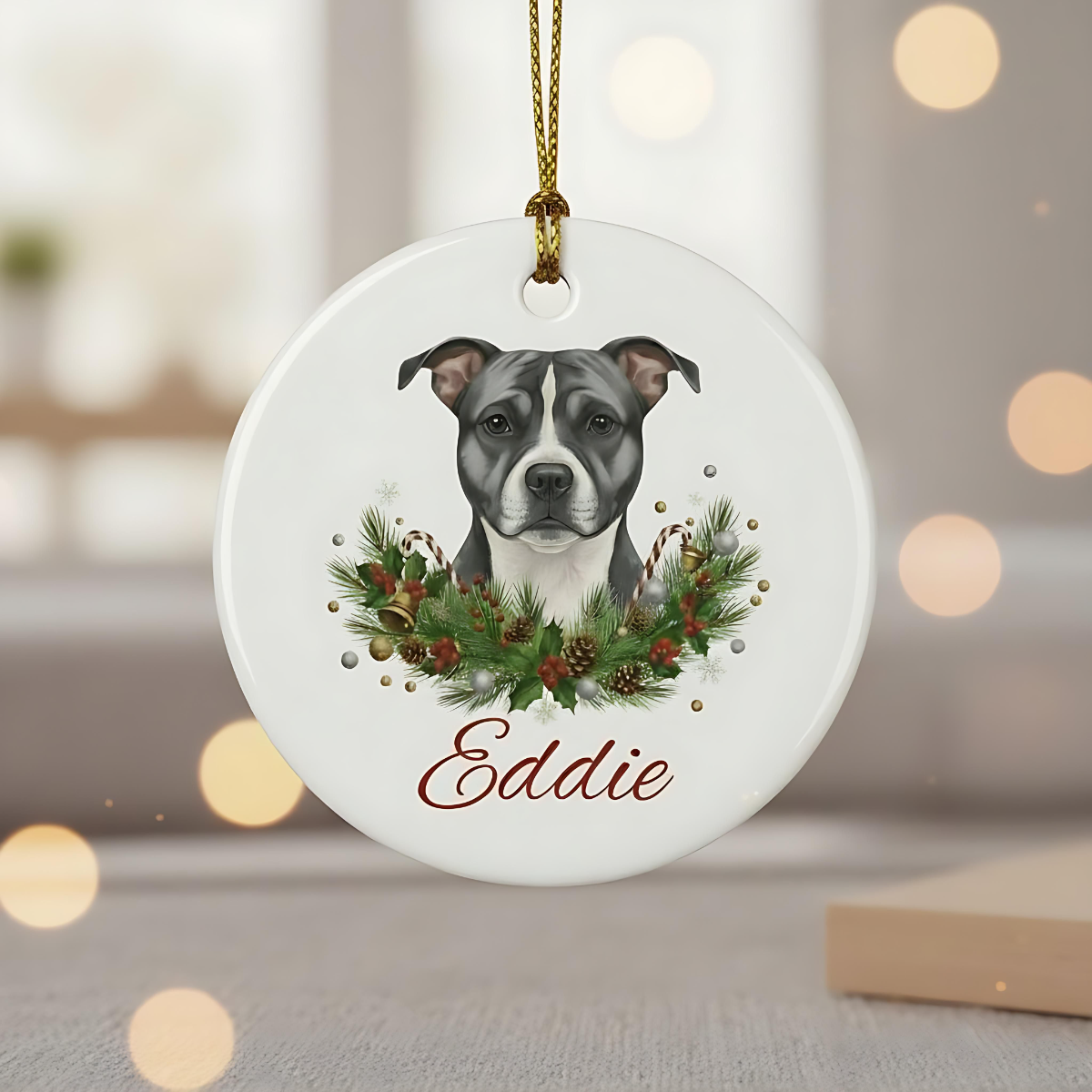 Personalized Staffie Christmas Ornament | Custom Staffordshire Bull Terrier Dog Name Ceramic Keepsake | Staffy Gift