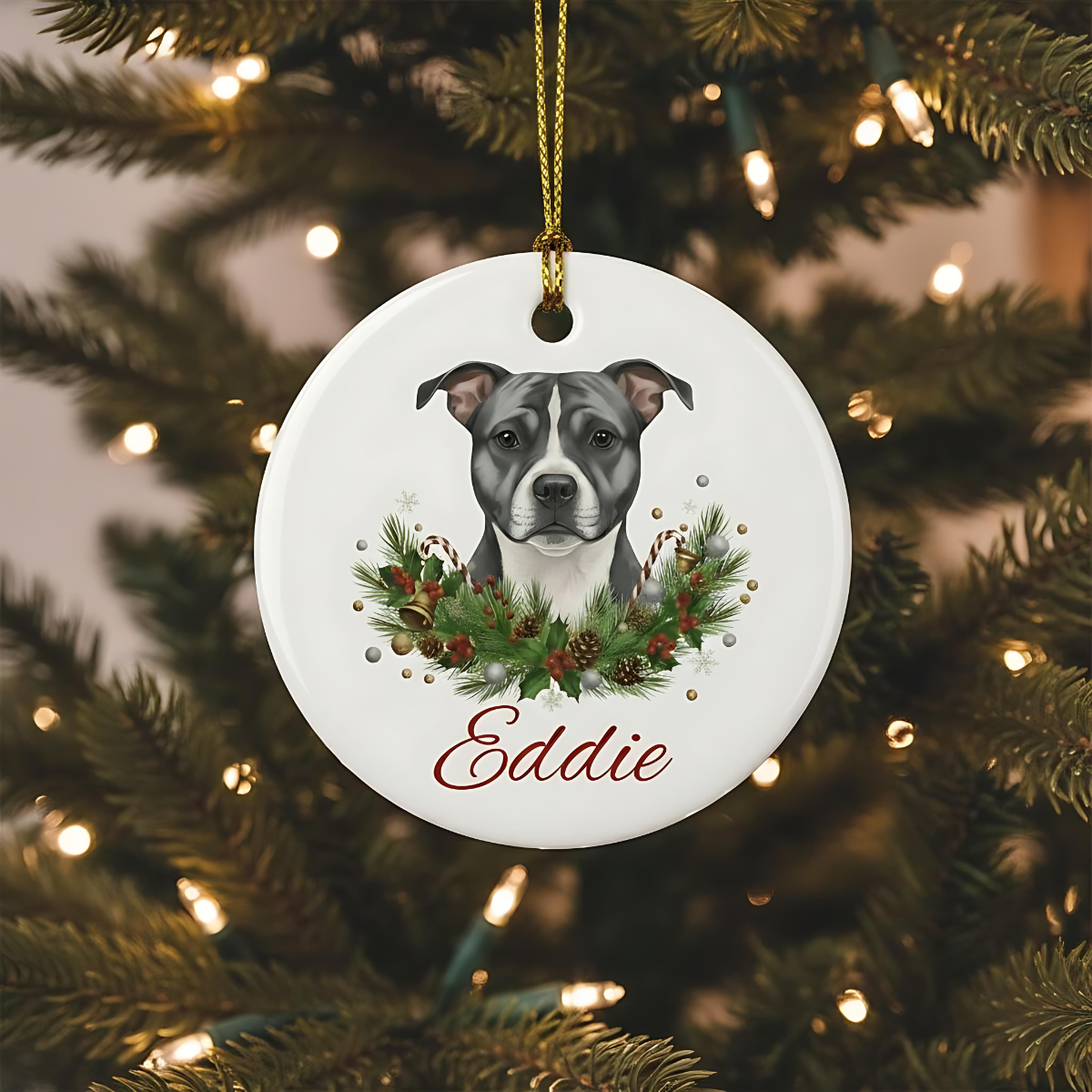 Personalized Staffie Christmas Ornament | Custom Staffordshire Bull Terrier Dog Name Ceramic Keepsake | Staffy Gift