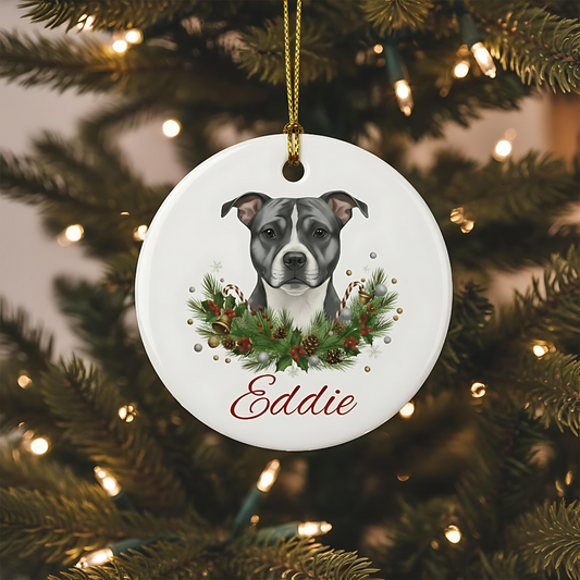 Personalized Staffie Christmas Ornament | Custom Staffordshire Bull Terrier Dog Name Ceramic Keepsake | Staffy Gift