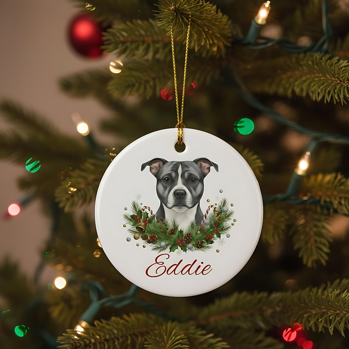 Personalized Staffie Christmas Ornament | Custom Staffordshire Bull Terrier Dog Name Ceramic Keepsake | Staffy Gift