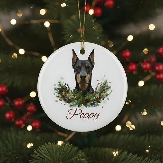 Personalized Doberman Christmas Ornament | Custom Doberman Dog Name Ceramic Keepsake | Pet Memorial Keepsake