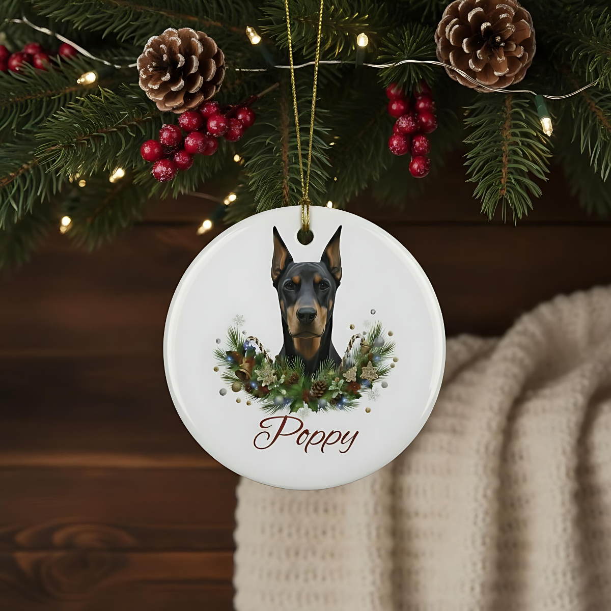Personalized Doberman Christmas Ornament | Custom Doberman Dog Name Ceramic Keepsake | Pet Memorial Keepsake