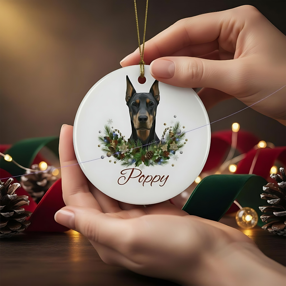 Personalized Doberman Christmas Ornament | Custom Doberman Dog Name Ceramic Keepsake | Pet Memorial Keepsake