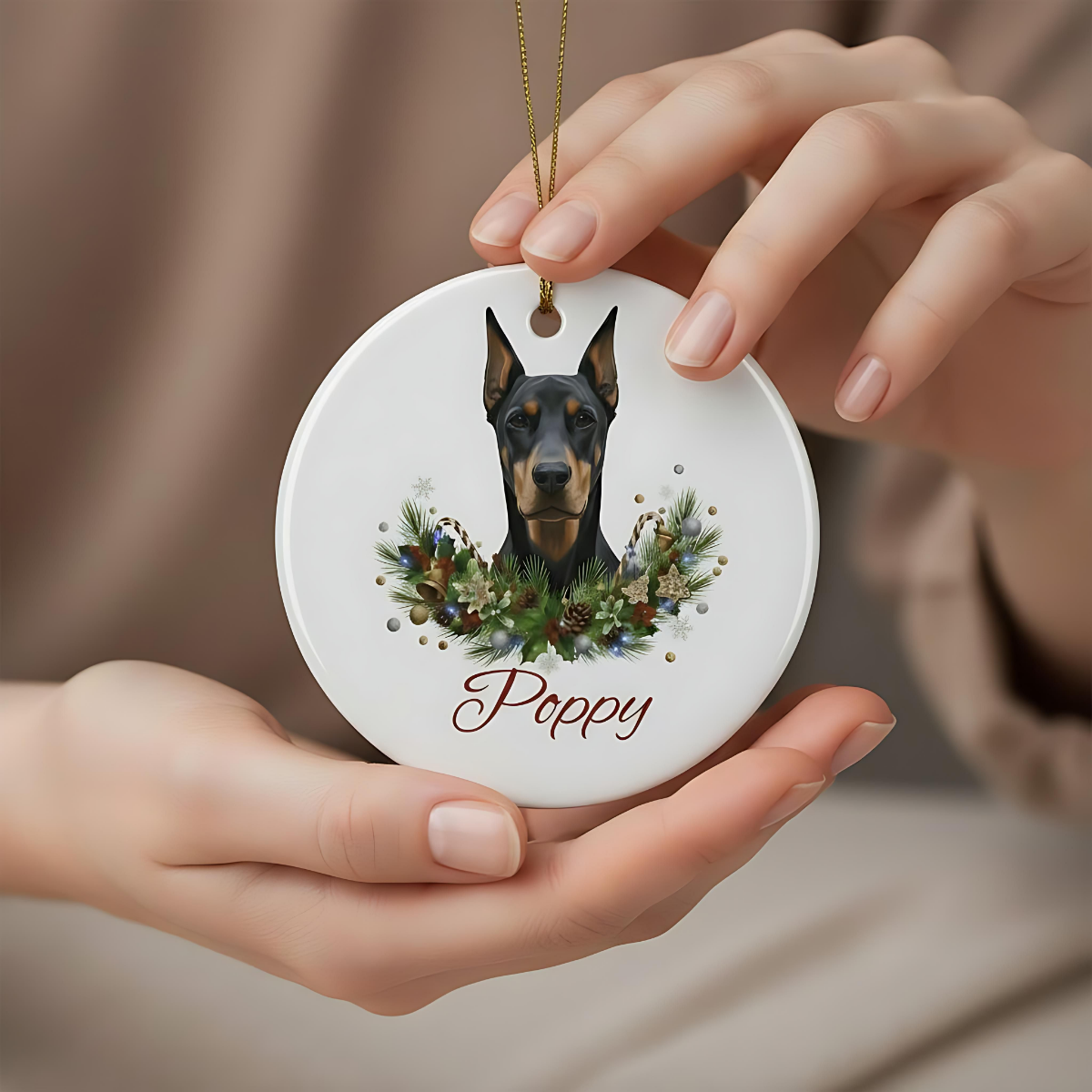 Personalized Doberman Christmas Ornament | Custom Doberman Dog Name Ceramic Keepsake | Pet Memorial Keepsake