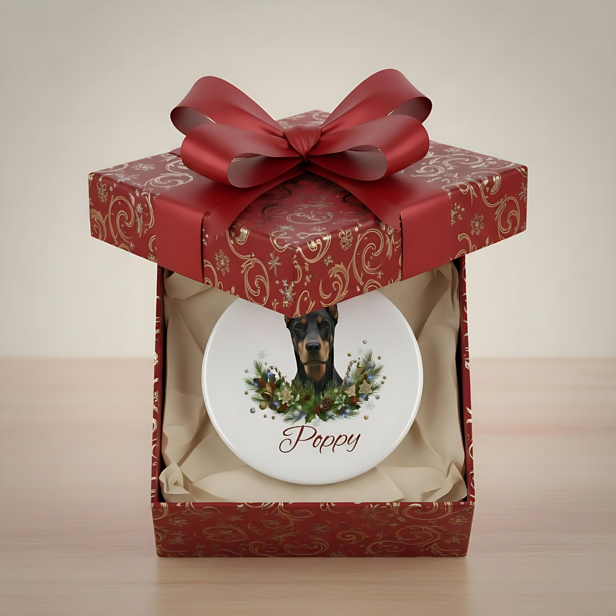 Personalized Doberman Christmas Ornament | Custom Doberman Dog Name Ceramic Keepsake | Pet Memorial Keepsake