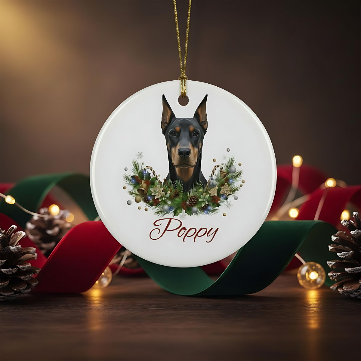 Personalized Doberman Christmas Ornament | Custom Doberman Dog Name Ceramic Keepsake | Pet Memorial Keepsake