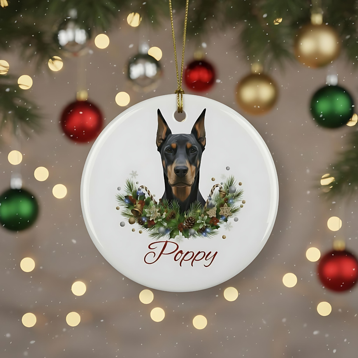 Personalized Doberman Christmas Ornament | Custom Doberman Dog Name Ceramic Keepsake | Pet Memorial Keepsake