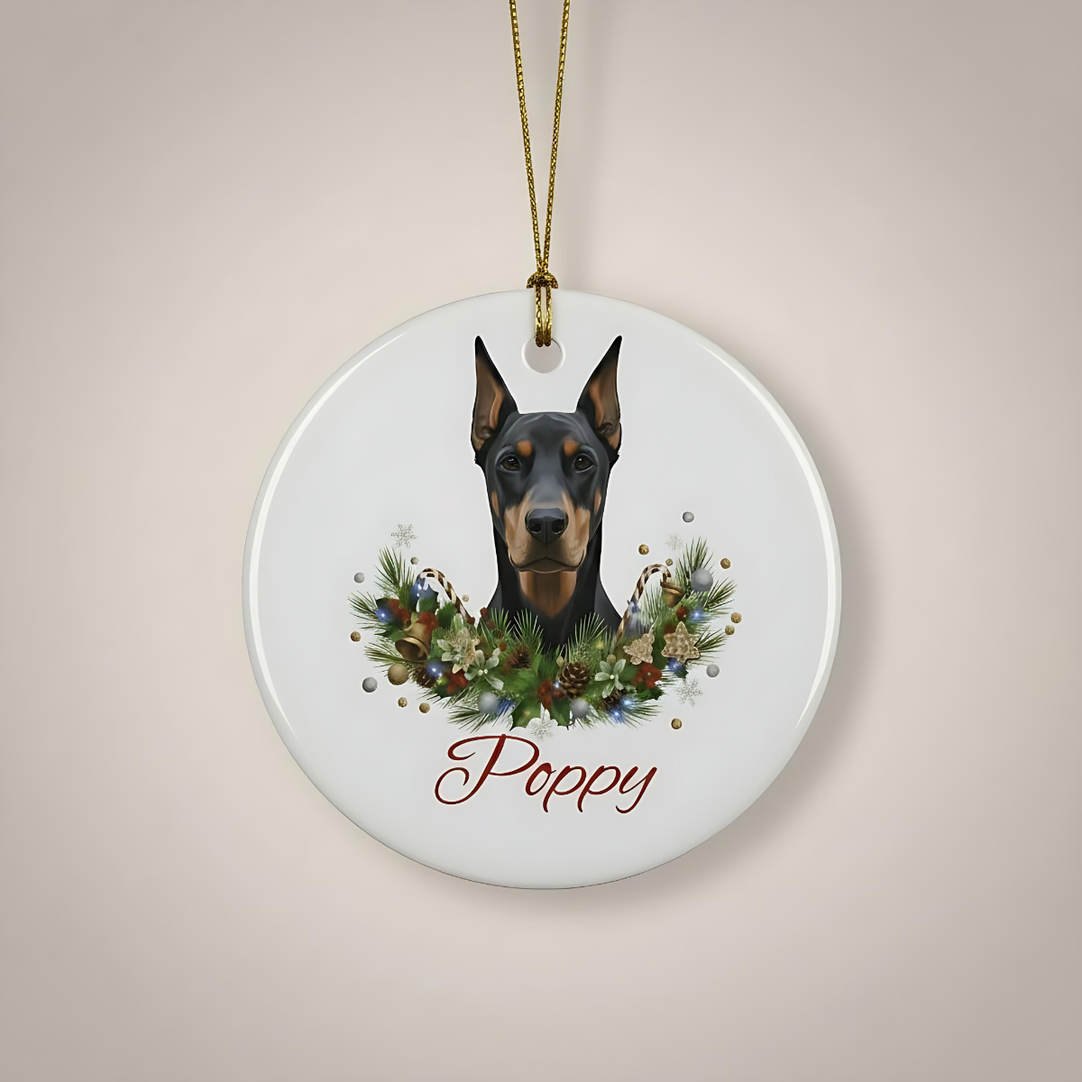 Personalized Doberman Christmas Ornament | Custom Doberman Dog Name Ceramic Keepsake | Pet Memorial Keepsake