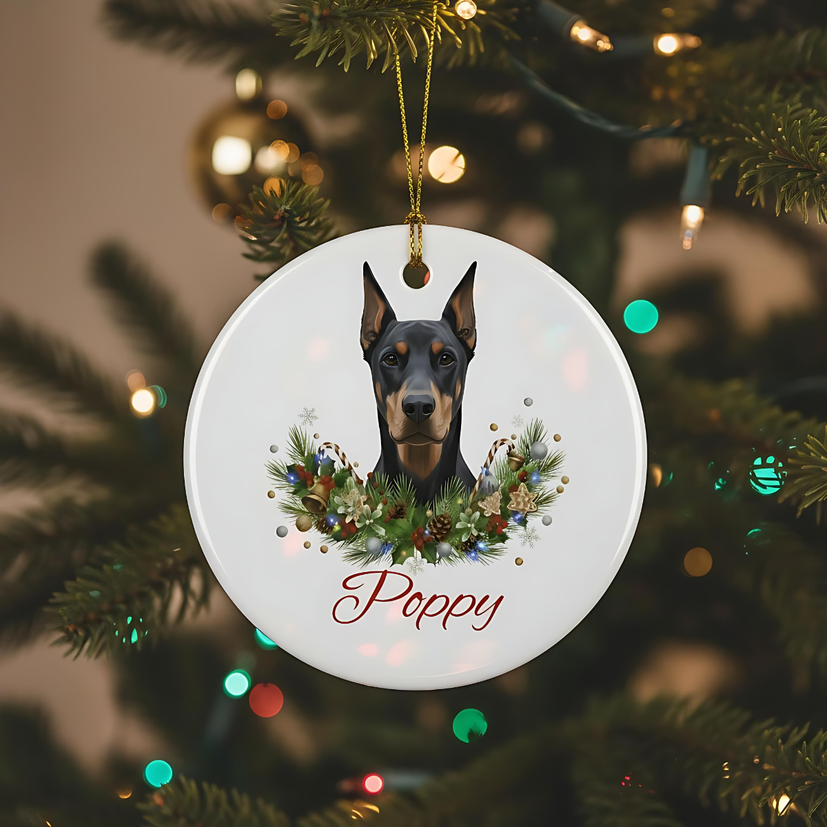 Personalized Doberman Christmas Ornament | Custom Doberman Dog Name Ceramic Keepsake | Pet Memorial Keepsake