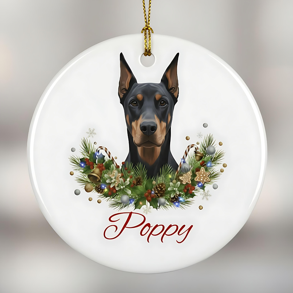 Personalized Doberman Christmas Ornament | Custom Doberman Dog Name Ceramic Keepsake | Pet Memorial Keepsake