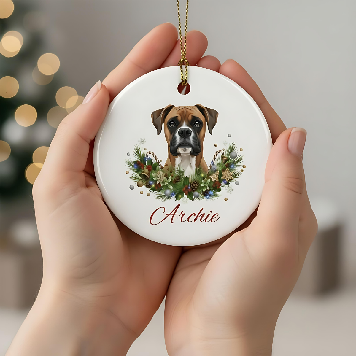 Personalized Boxer Christmas Ornament | Custom Boxer Dog Name Ceramic Keepsake | Boxer Gift for Dog Lovers