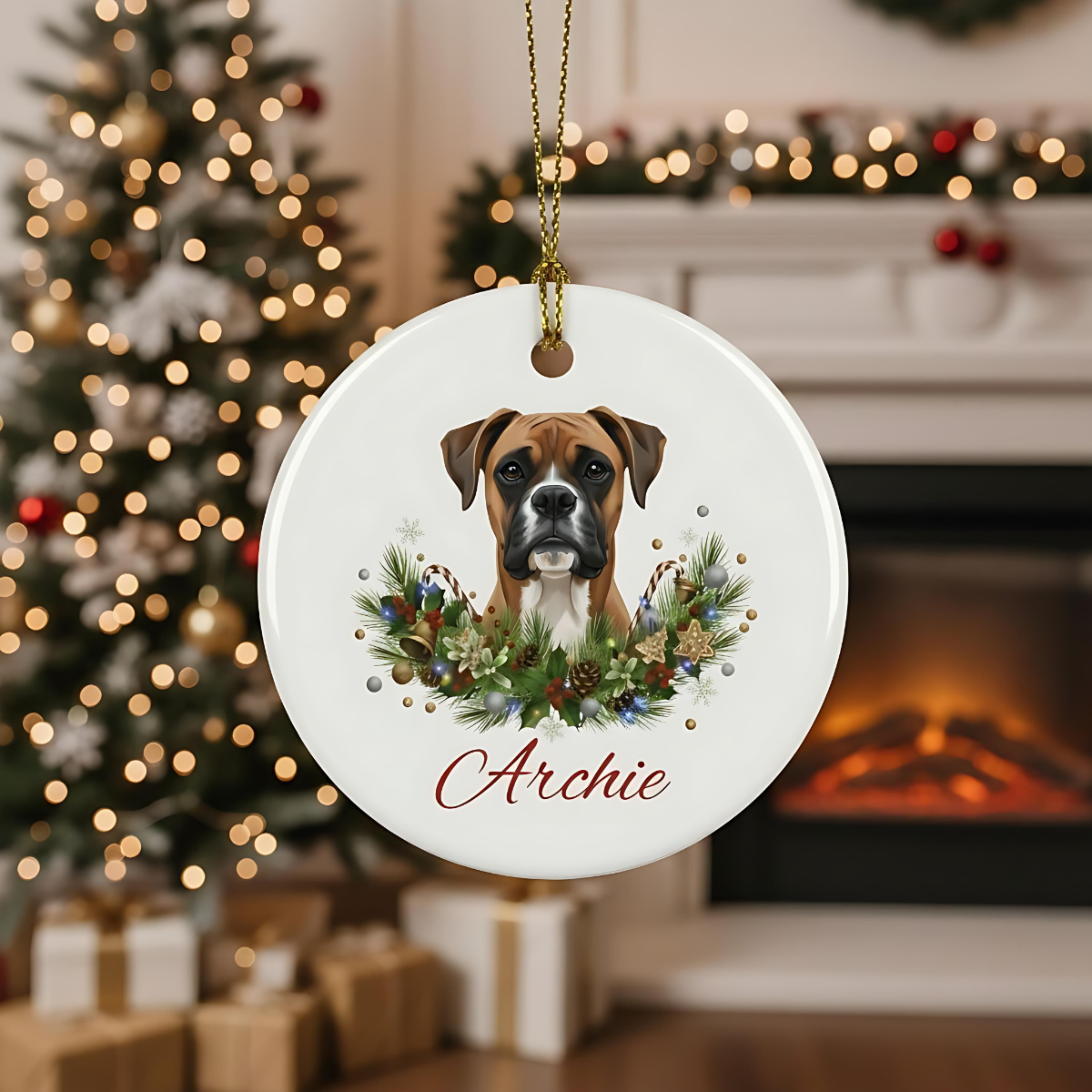 Personalized Boxer Christmas Ornament | Custom Boxer Dog Name Ceramic Keepsake | Boxer Gift for Dog Lovers