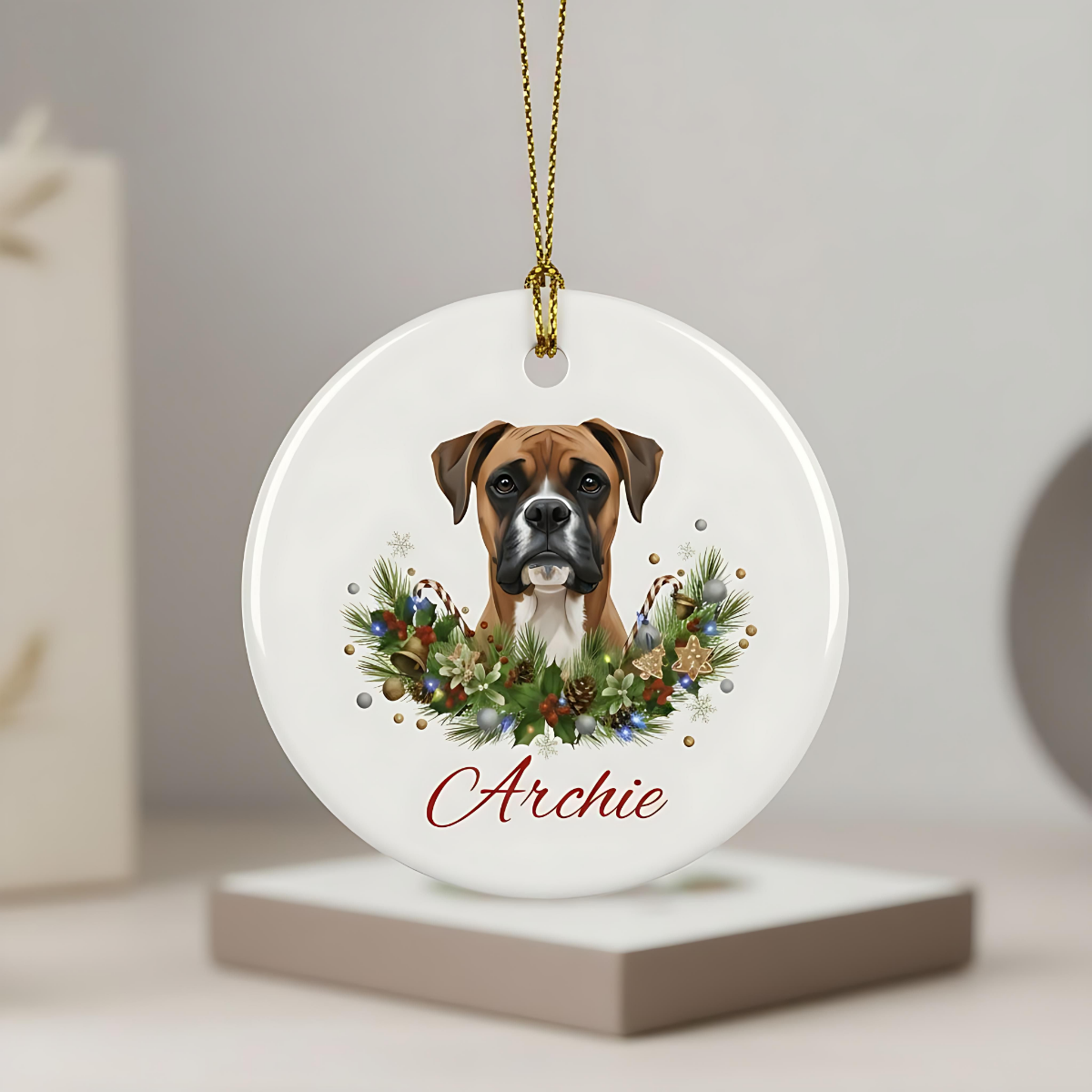 Personalized Boxer Christmas Ornament | Custom Boxer Dog Name Ceramic Keepsake | Boxer Gift for Dog Lovers