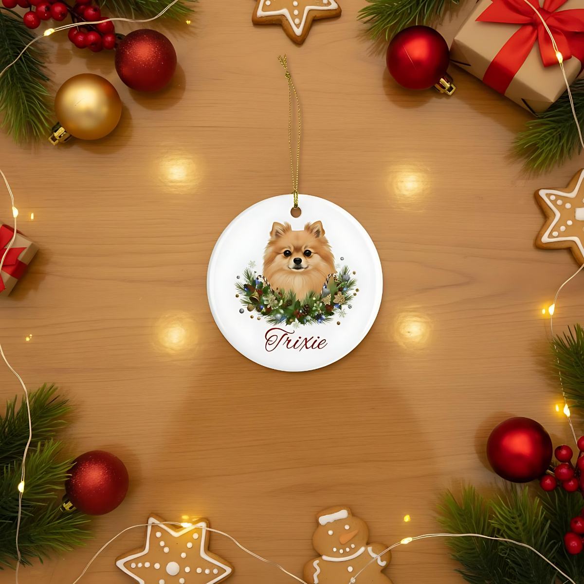 Personalized Pomeranian Christmas Ornament | Custom Pomeranian Dog Name Ceramic Keepsake | Pom Gift for Dog Lovers