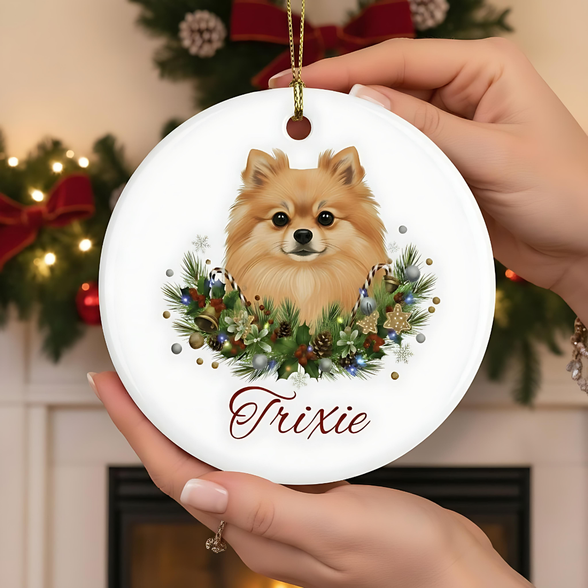 Personalized Pomeranian Christmas Ornament | Custom Pomeranian Dog Name Ceramic Keepsake | Pom Gift for Dog Lovers