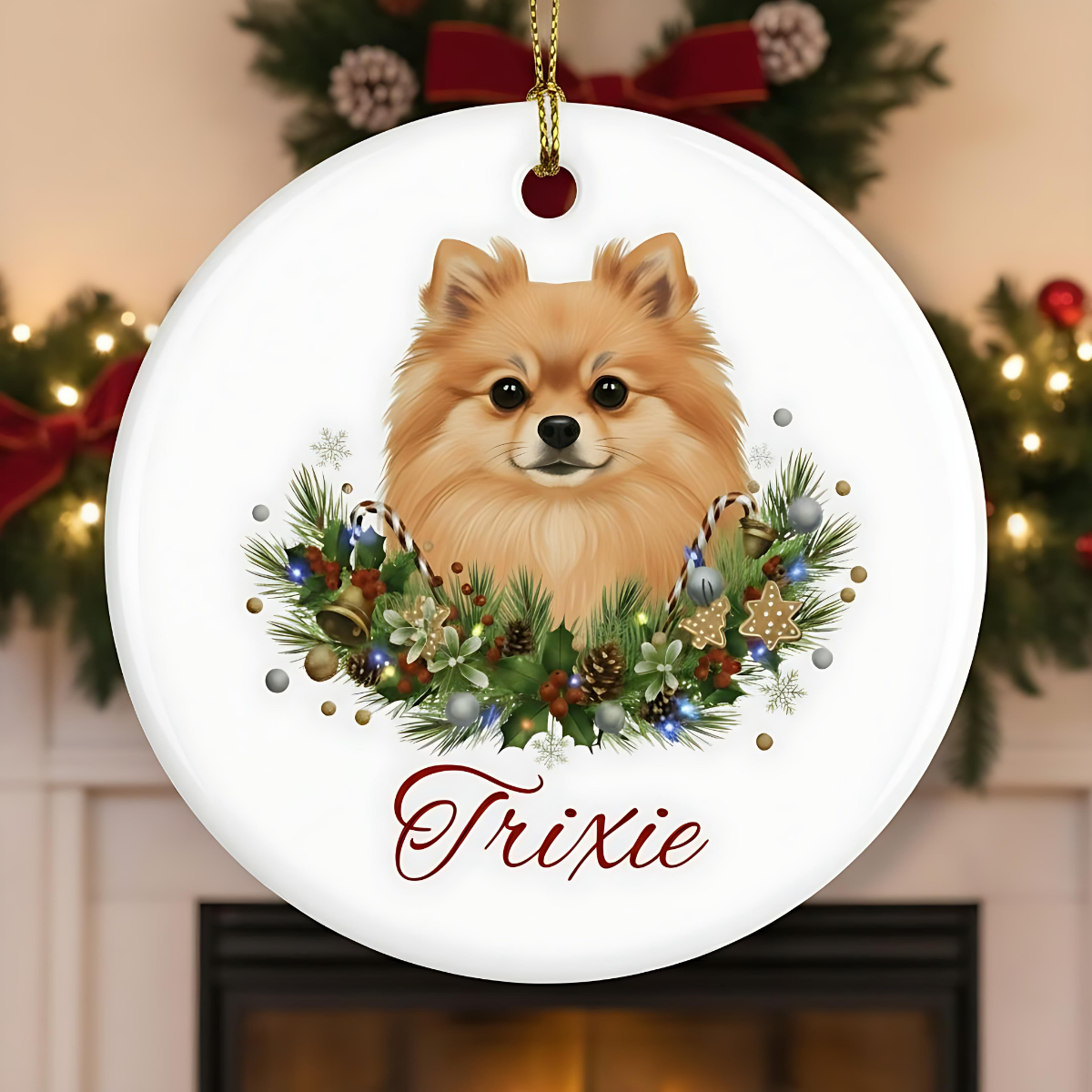 Personalized Pomeranian Christmas Ornament | Custom Pomeranian Dog Name Ceramic Keepsake | Pom Gift for Dog Lovers