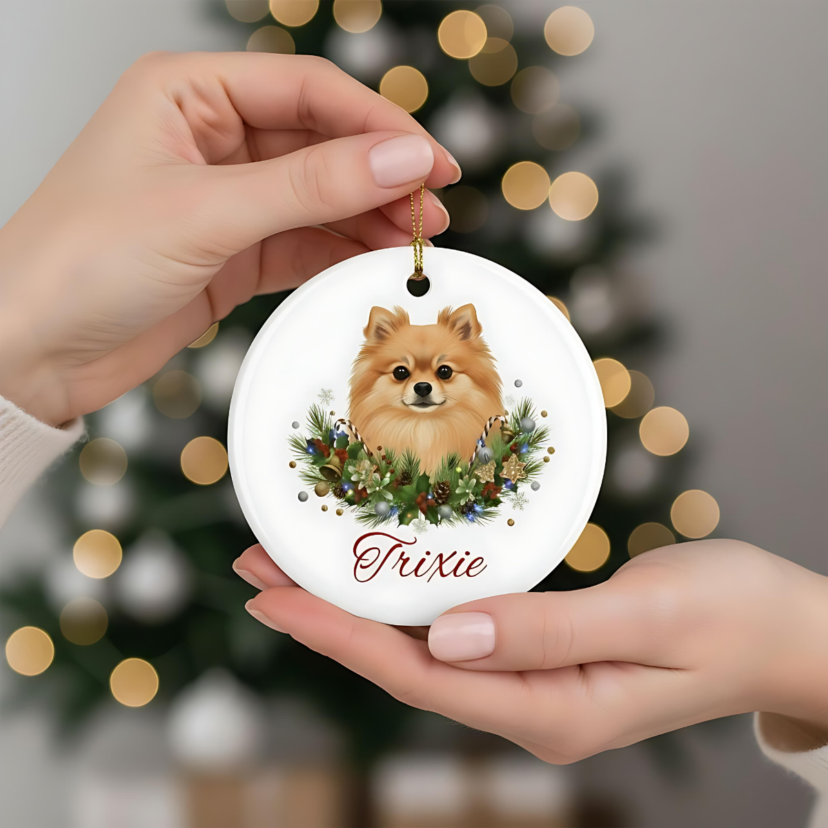 Personalized Pomeranian Christmas Ornament | Custom Pomeranian Dog Name Ceramic Keepsake | Pom Gift for Dog Lovers
