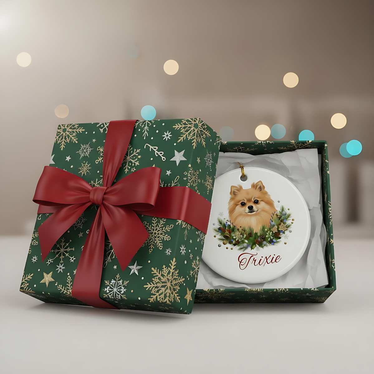 Personalized Pomeranian Christmas Ornament | Custom Pomeranian Dog Name Ceramic Keepsake | Pom Gift for Dog Lovers
