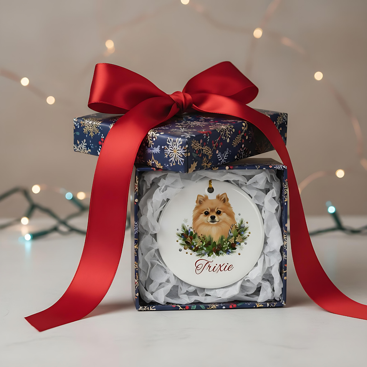 Personalized Pomeranian Christmas Ornament | Custom Pomeranian Dog Name Ceramic Keepsake | Pom Gift for Dog Lovers