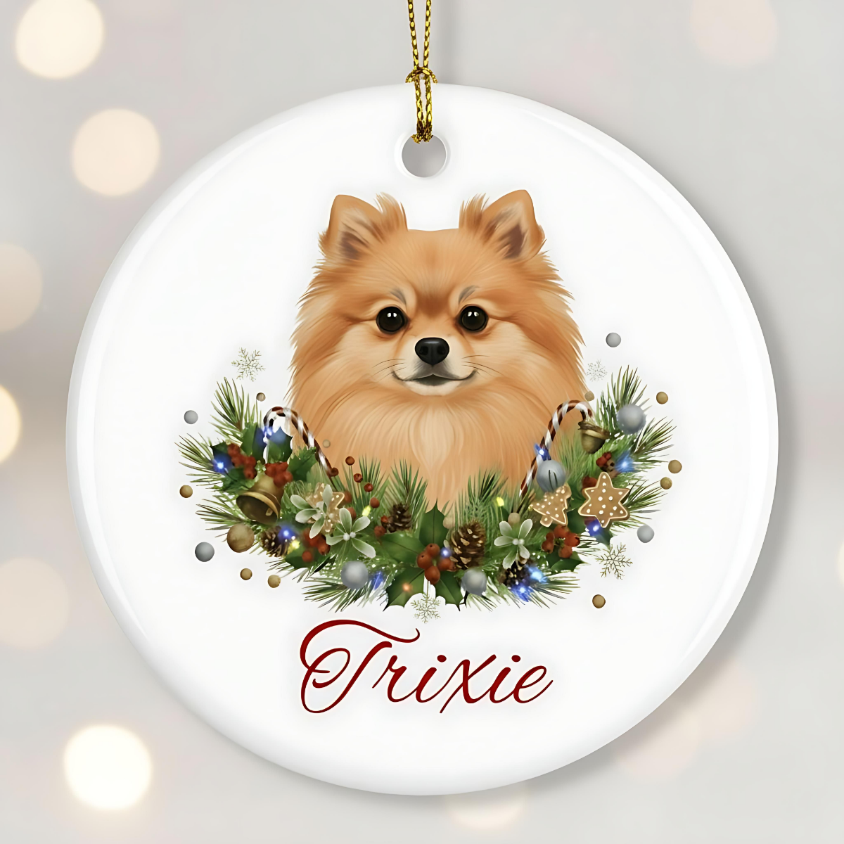 Personalized Pomeranian Christmas Ornament | Custom Pomeranian Dog Name Ceramic Keepsake | Pom Gift for Dog Lovers