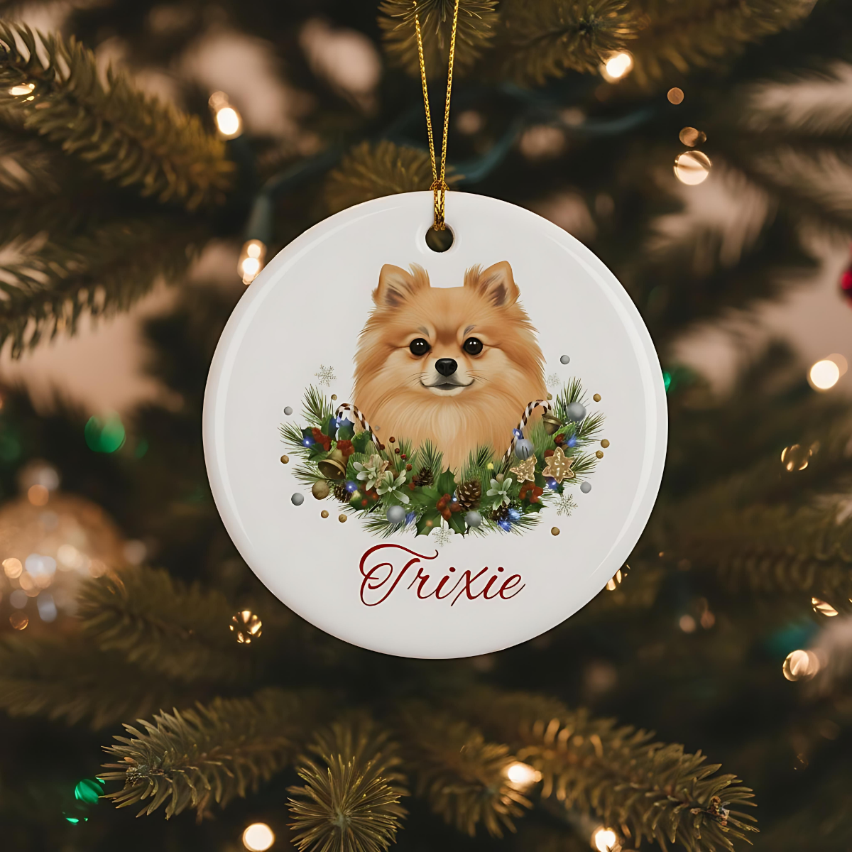 Personalized Pomeranian Christmas Ornament | Custom Pomeranian Dog Name Ceramic Keepsake | Pom Gift for Dog Lovers