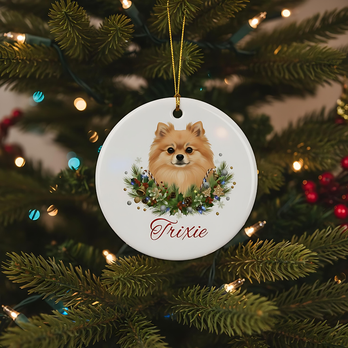 Personalized Pomeranian Christmas Ornament | Custom Pomeranian Dog Name Ceramic Keepsake | Pom Gift for Dog Lovers
