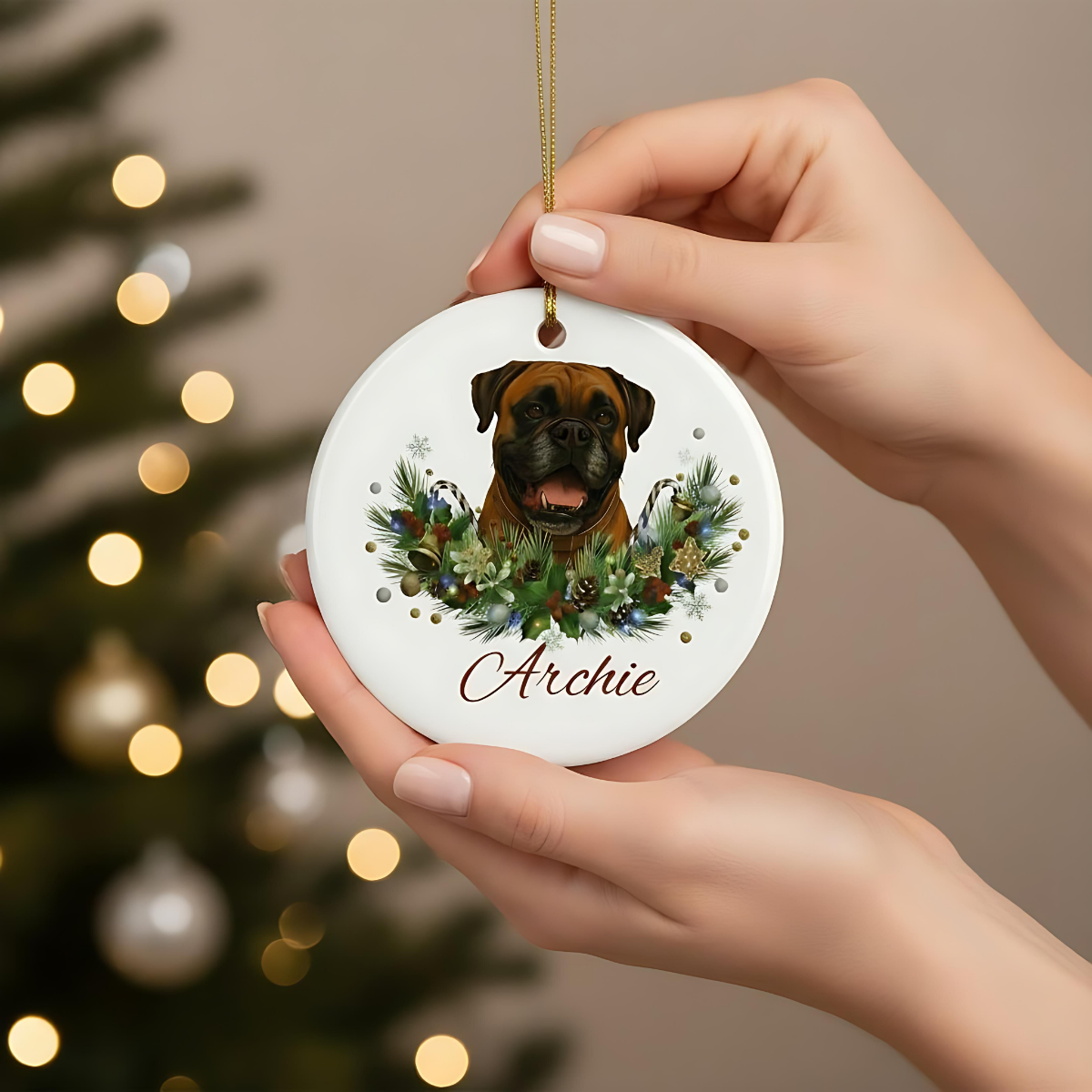 Personalized Boxer Christmas Ornament | Custom Boxer Dog Name Ceramic Keepsake | Boxer Gift for Dog Lovers