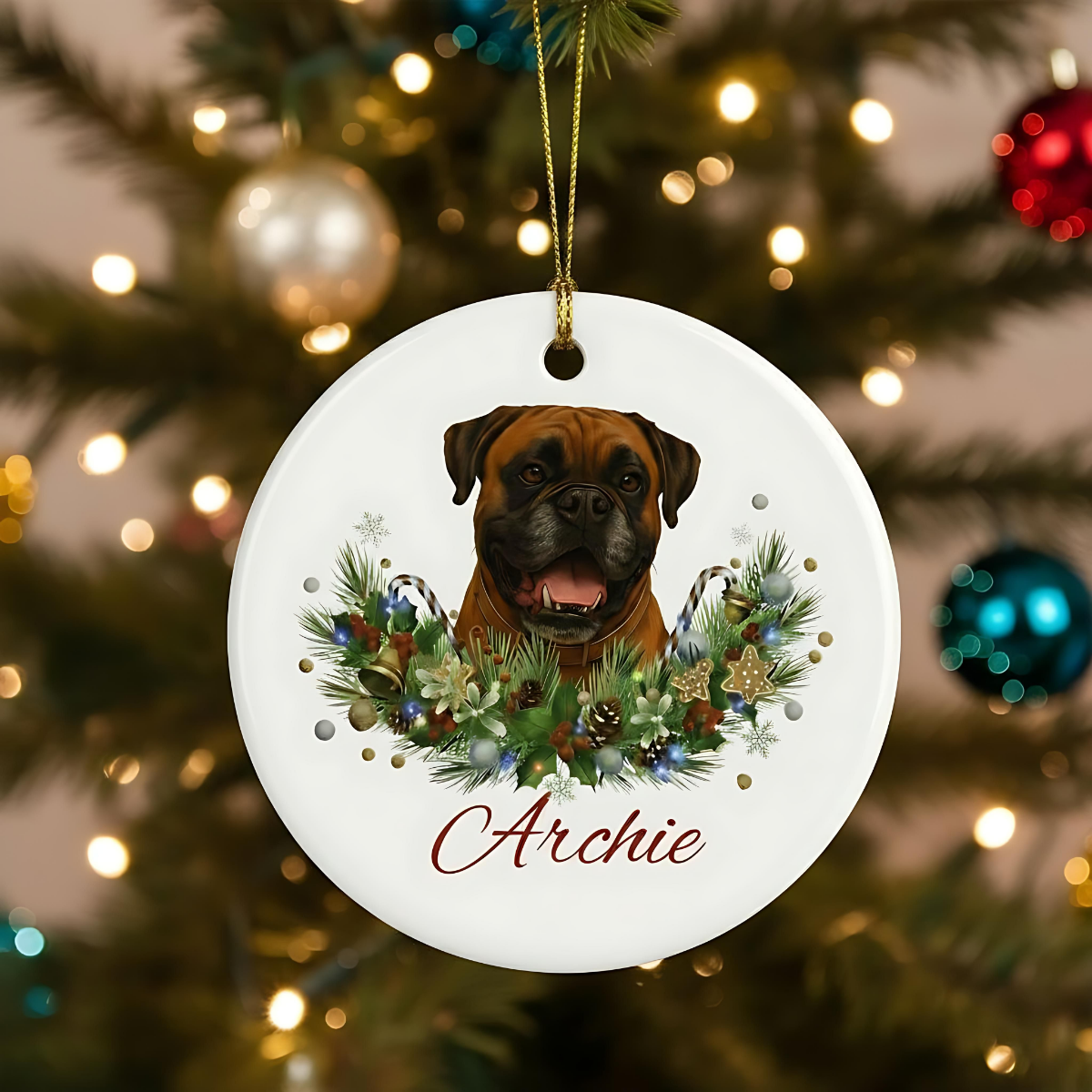 Personalized Boxer Christmas Ornament | Custom Boxer Dog Name Ceramic Keepsake | Boxer Gift for Dog Lovers