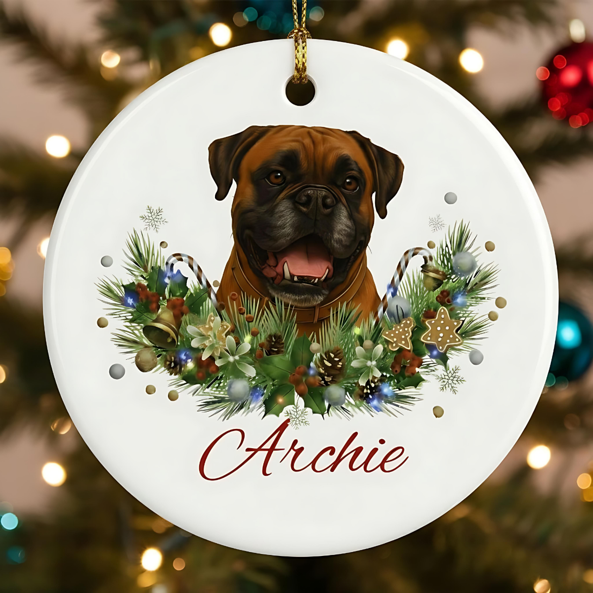 Personalized Boxer Christmas Ornament | Custom Boxer Dog Name Ceramic Keepsake | Boxer Gift for Dog Lovers