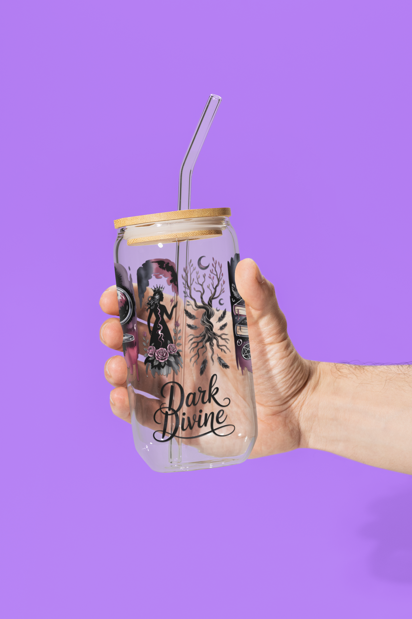 Dark Divine Sipper Glass, 16oz  | Witchy Glam Tumbler with Lid & Straw
