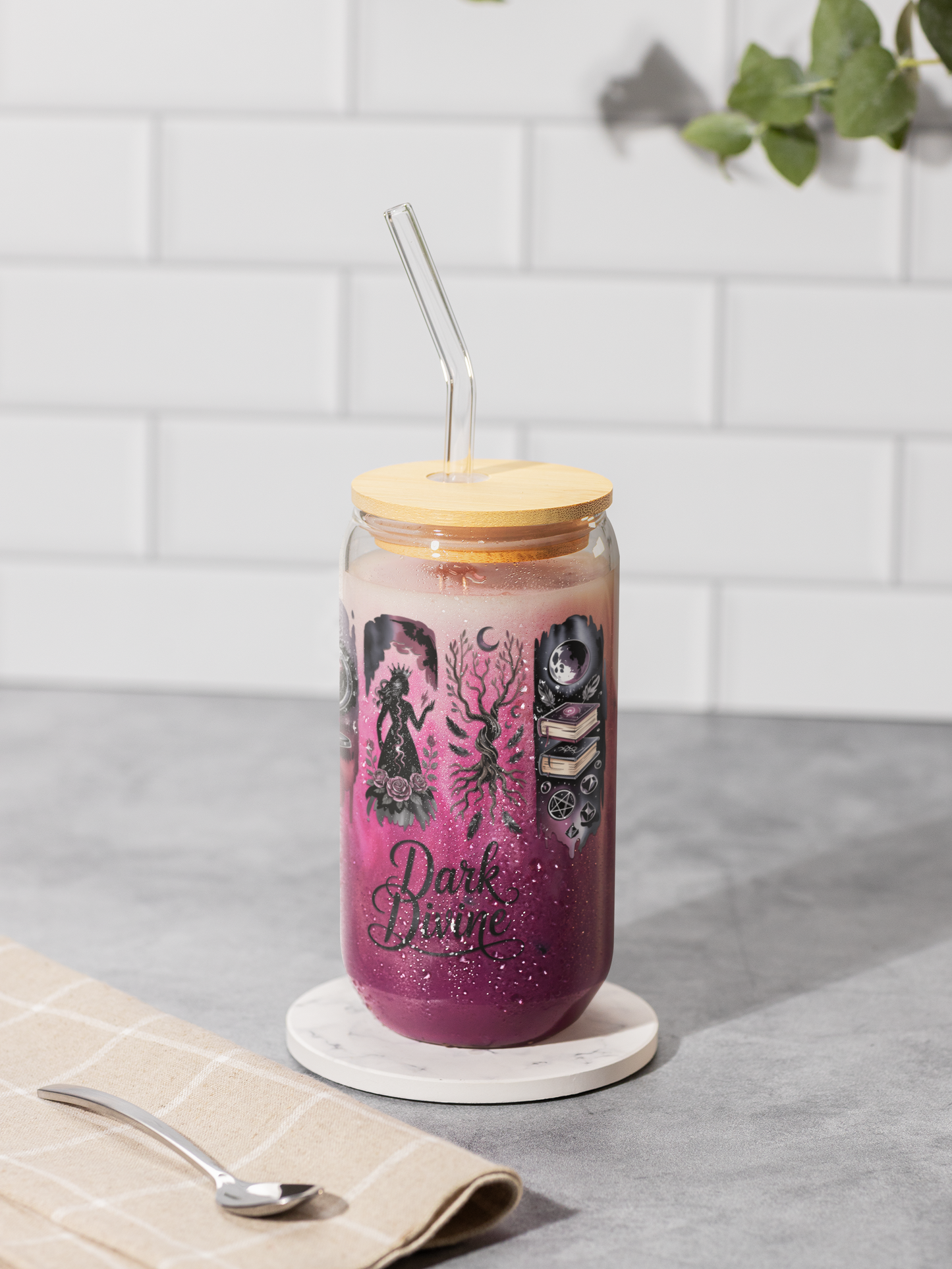Dark Divine Sipper Glass, 16oz  | Witchy Glam Tumbler with Lid & Straw
