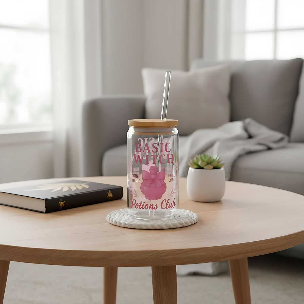 Basic Witch Potions Club Glass Can | Witchy Glam Tumbler with Lid & Straw | Cute Witch Aesthetic Cup | Eco-Friendly