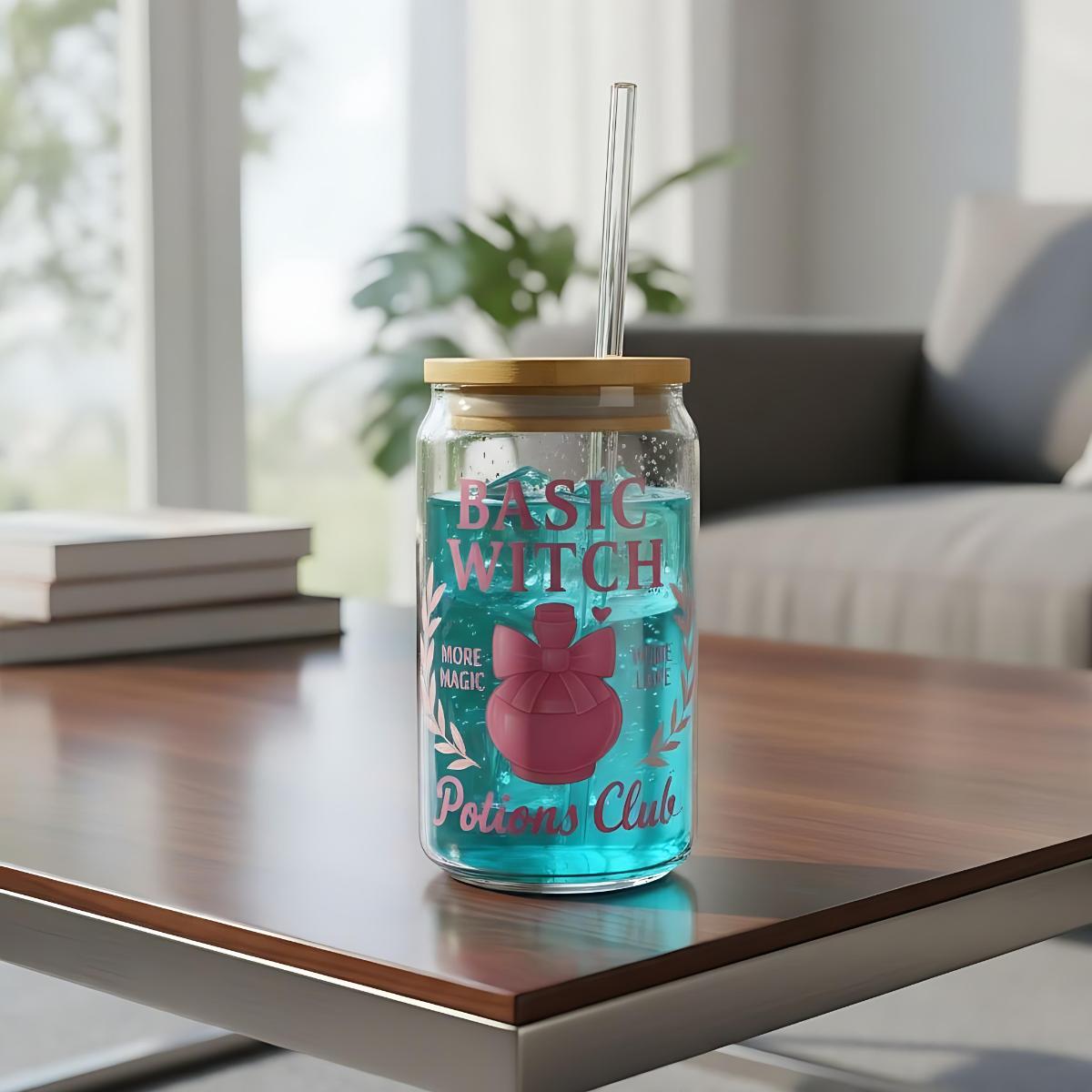 Basic Witch Potions Club Glass Can | Witchy Glam Tumbler with Lid & Straw | Cute Witch Aesthetic Cup | Eco-Friendly