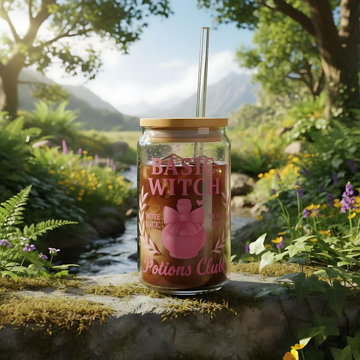 Basic Witch Potions Club Glass Can | Witchy Glam Tumbler with Lid & Straw | Cute Witch Aesthetic Cup | Eco-Friendly