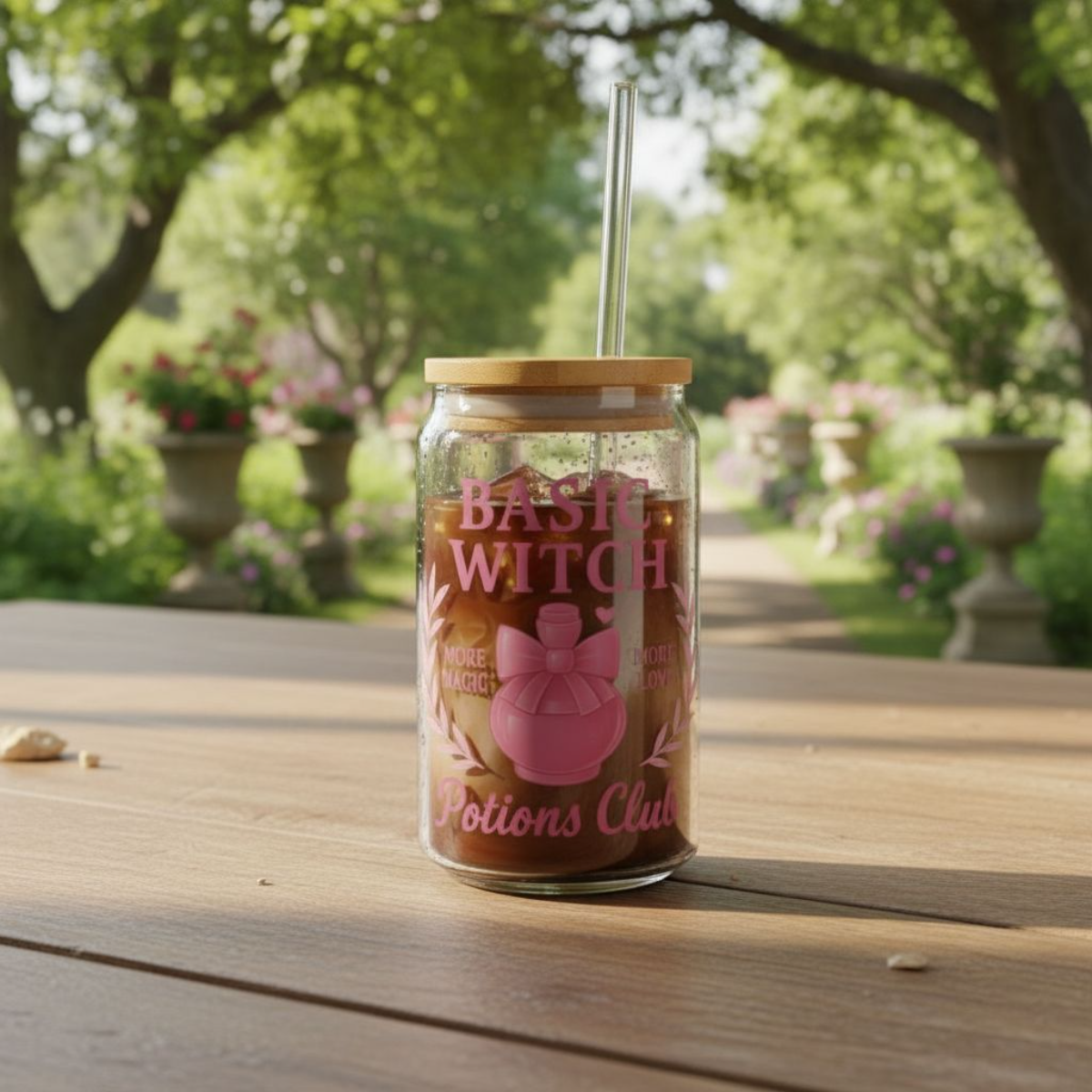 Basic Witch Potions Club Glass Can | Witchy Glam Tumbler with Lid & Straw | Cute Witch Aesthetic Cup | Eco-Friendly