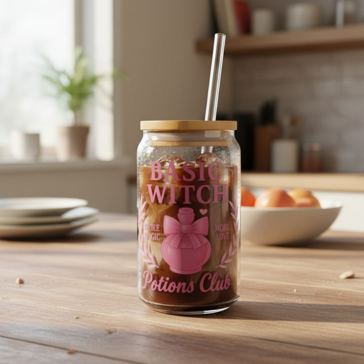 Basic Witch Potions Club Glass Can | Witchy Glam Tumbler with Lid & Straw | Cute Witch Aesthetic Cup | Eco-Friendly