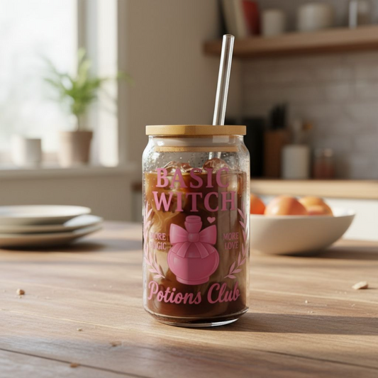Basic Witch Potions Club Glass Can | Witchy Glam Tumbler with Lid & Straw | Cute Witch Aesthetic Cup | Eco-Friendly