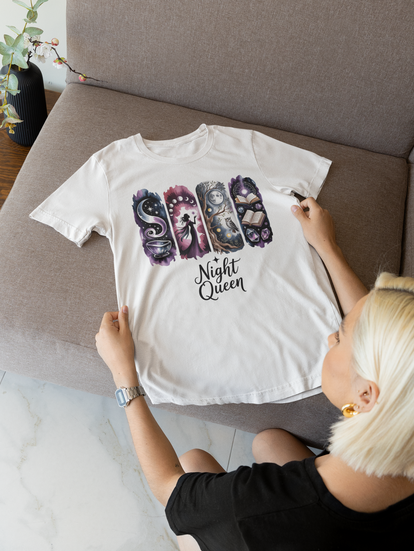 Night Queen Witchy T-Shirt | Witchy Glam Celestial Shirt | Dark Feminine Energy Tee | Moon Goddess Witchcore Graphic Top