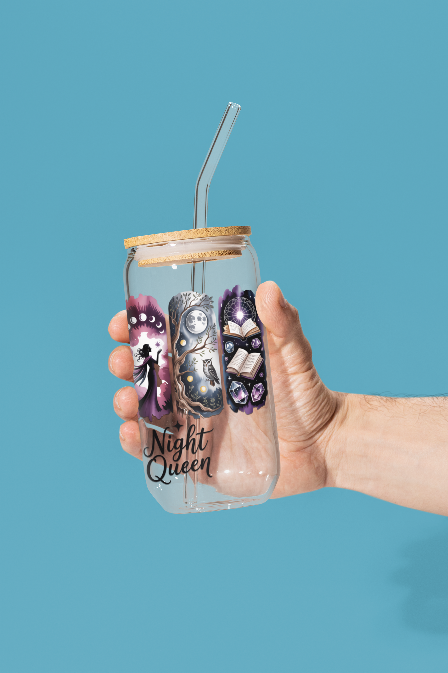 Night Queen Witchy Glass Can | Celestial Moon Tumbler with Lid & Straw