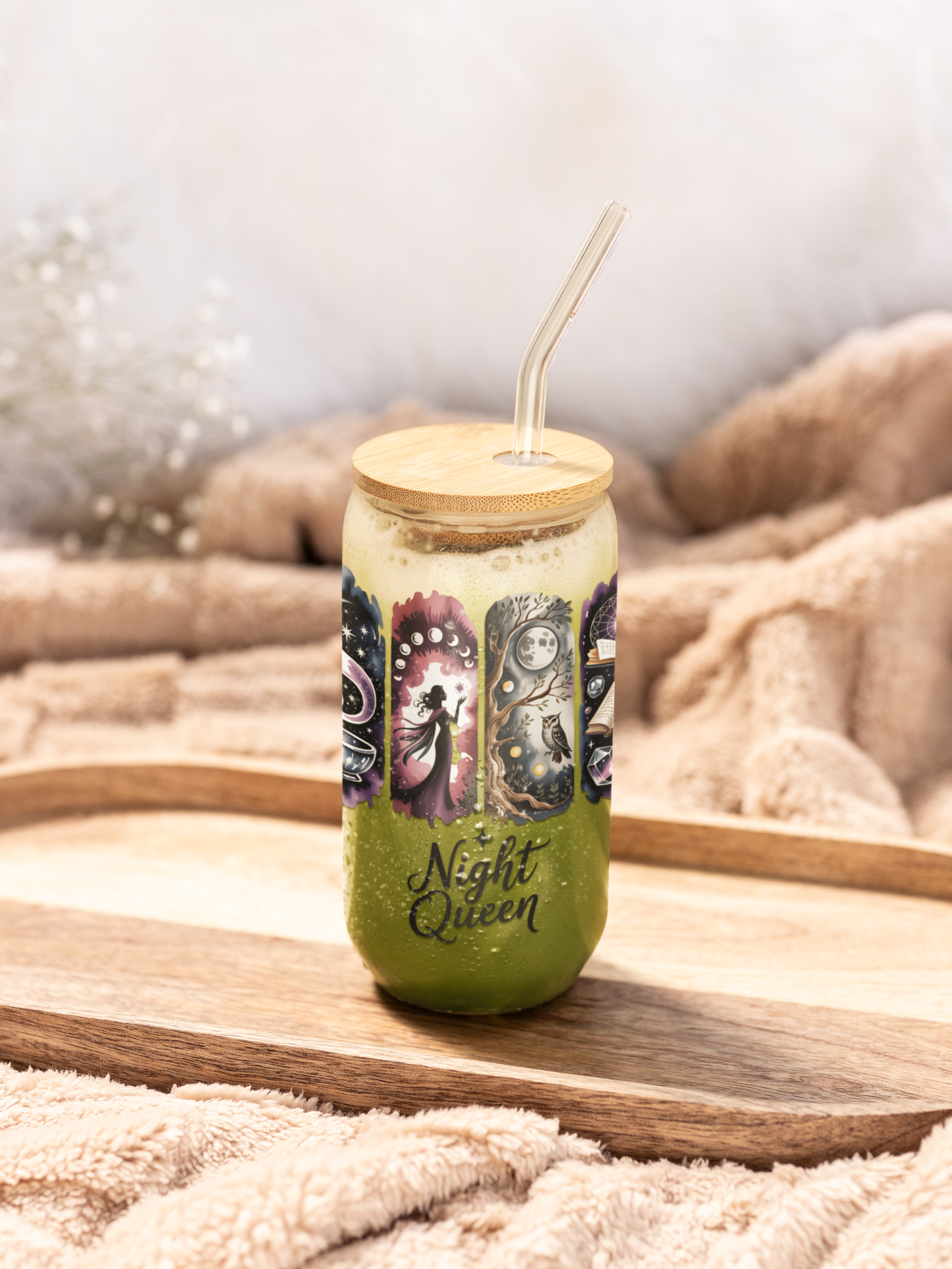 Night Queen Witchy Glass Can | Celestial Moon Tumbler with Lid & Straw