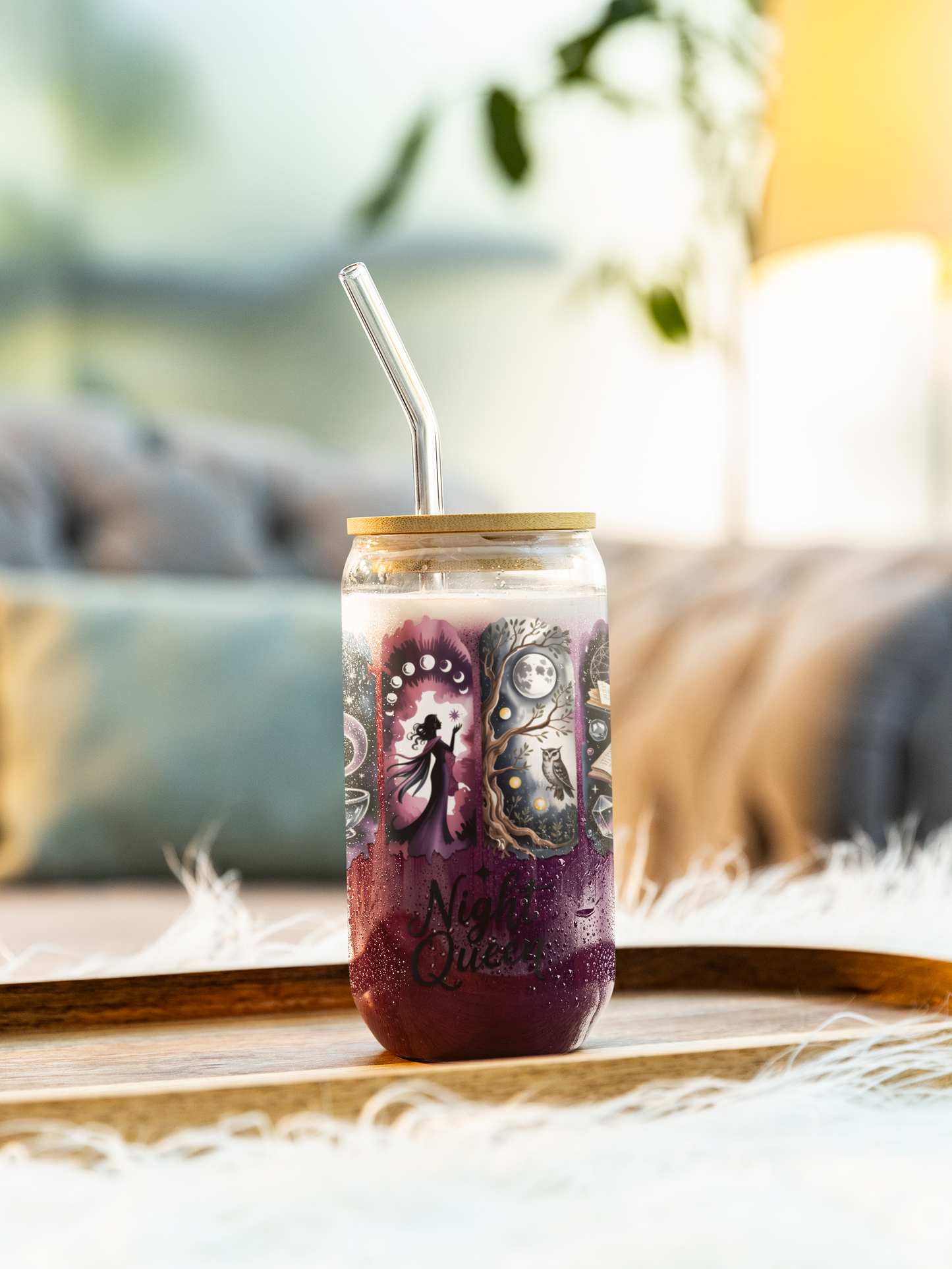 Night Queen Witchy Glass Can | Celestial Moon Tumbler with Lid & Straw