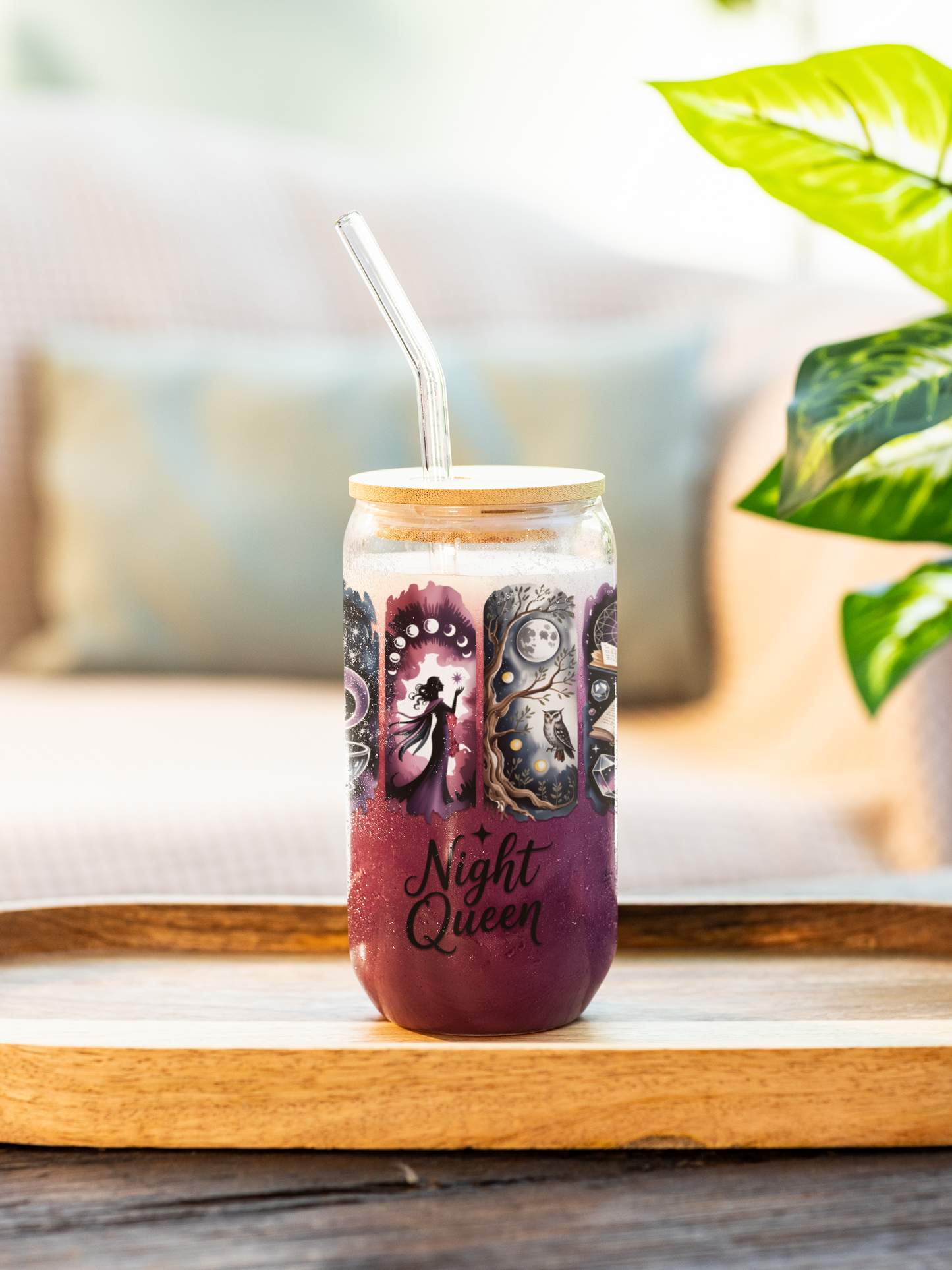 Night Queen Witchy Glass Can | Celestial Moon Tumbler with Lid & Straw