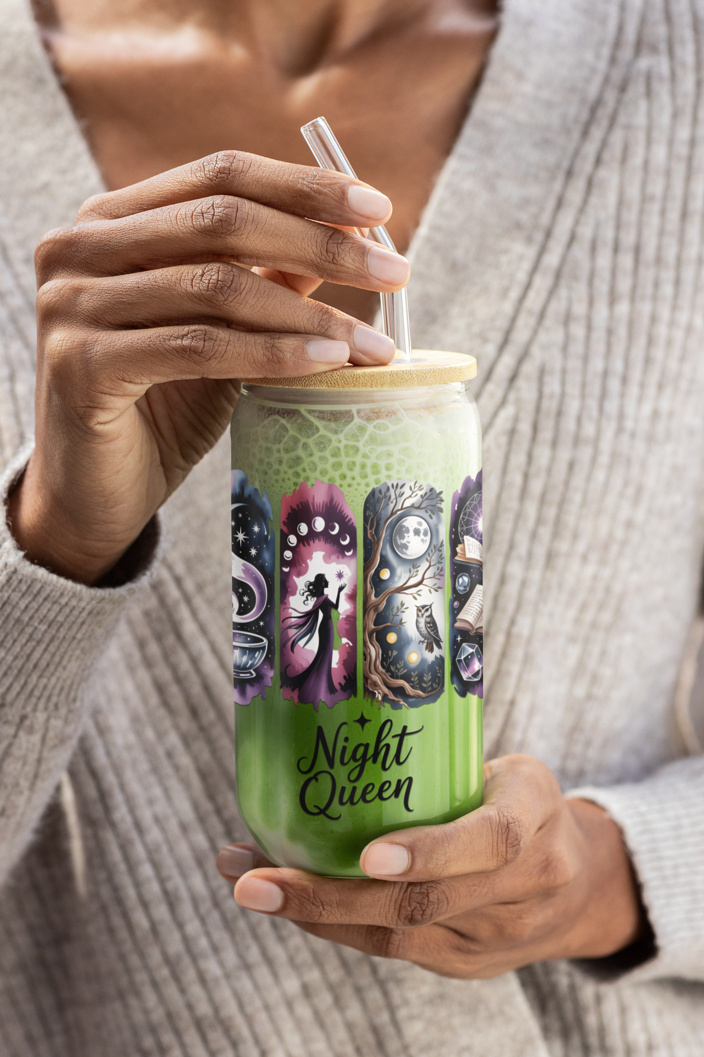 Night Queen Witchy Glass Can | Celestial Moon Tumbler with Lid & Straw