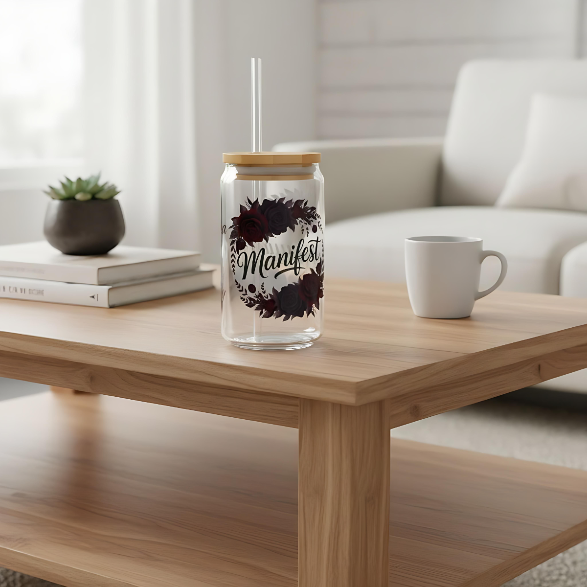 Personalized Manifest Glass Can | Witchy Glam Tumbler with Lid & Straw | Custom Name Manifestation Cup | Dark Feminine Gift for Her