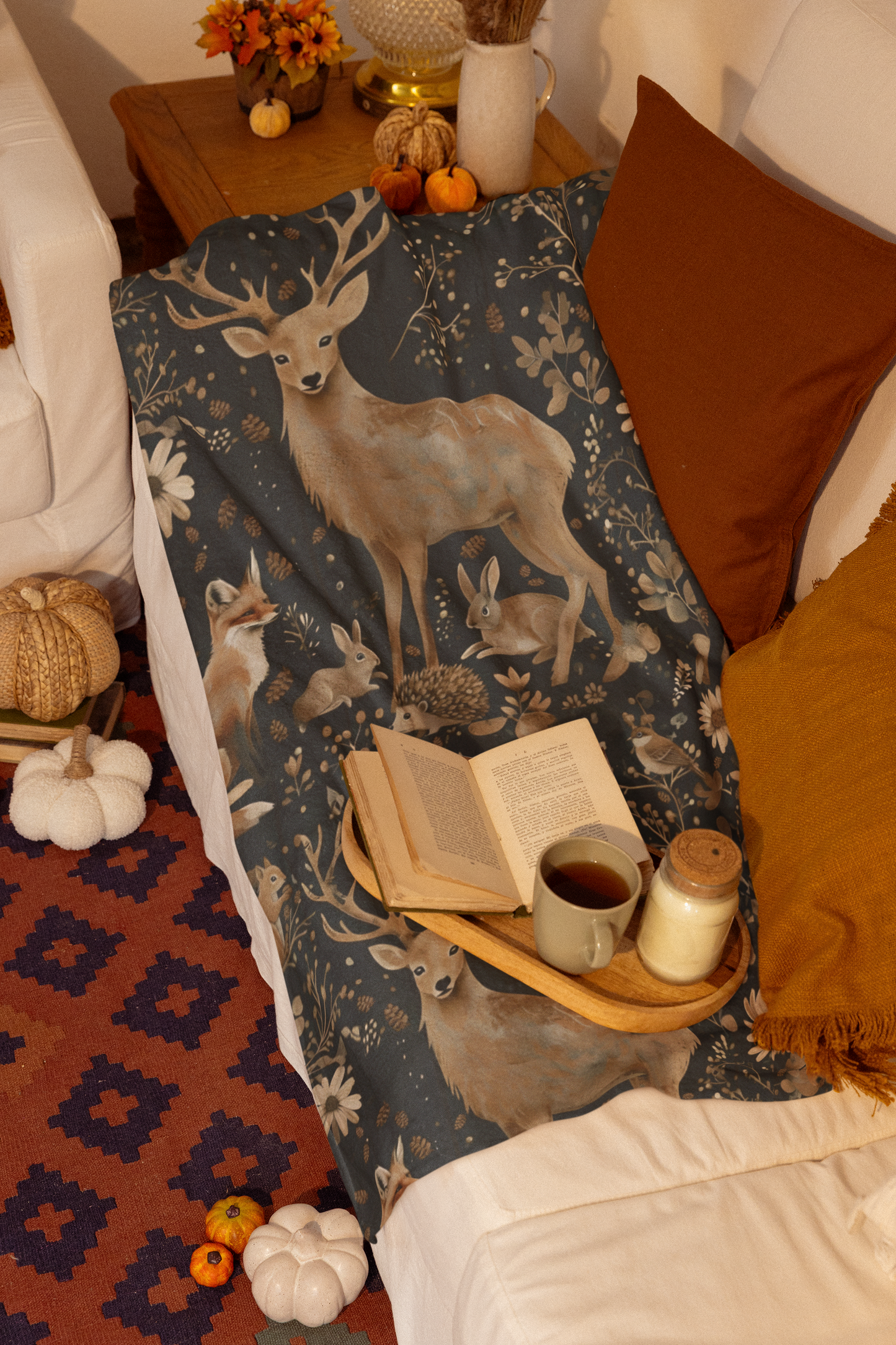 Forest Animal Throw, housewarming blanket, Artic Fleece Throw,  cozy nature home decor.